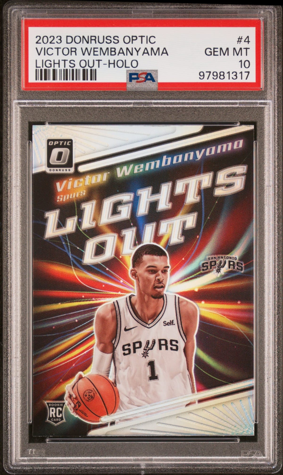 2023-24 Panini Donruss Optic Lights Out Holo Victor Wembanyama RC Rookie Karte PSA 10 Gem Mint San Antonio Spurs.