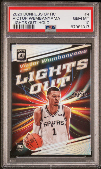 2023-24 Panini Donruss Optic Lights Out Holo Victor Wembanyama RC Rookie Karte PSA 10 Gem Mint San Antonio Spurs.