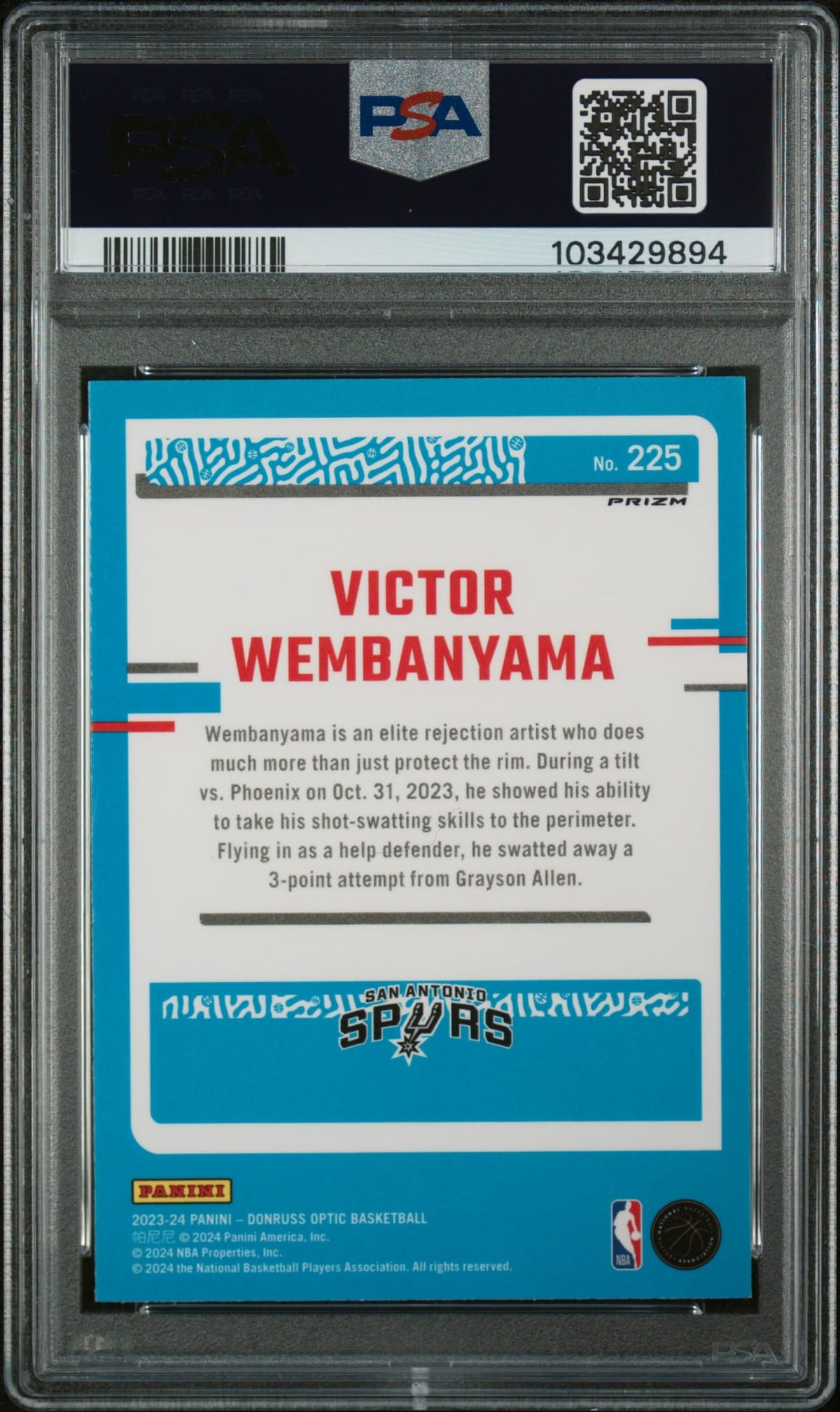 2023-24 Panini Donruss Optic Rated Rookie Hyper Pink Victor Wembanyama SP RC PSA 9 MINT San Antonio Spurs