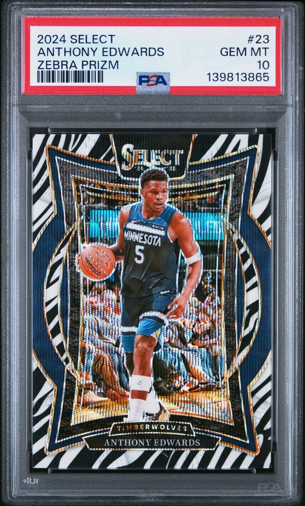 2024-25 Panini Select Zebra Prizm Anthony Edwards SSP Karte PSA 10 Gem Mint Minnesota Timberwolves POP 6.