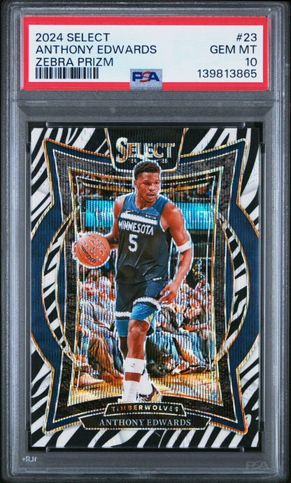 2024-25 Panini Select Zebra Prizm Anthony Edwards SSP Karte PSA 10 Gem Mint Minnesota Timberwolves POP 6.