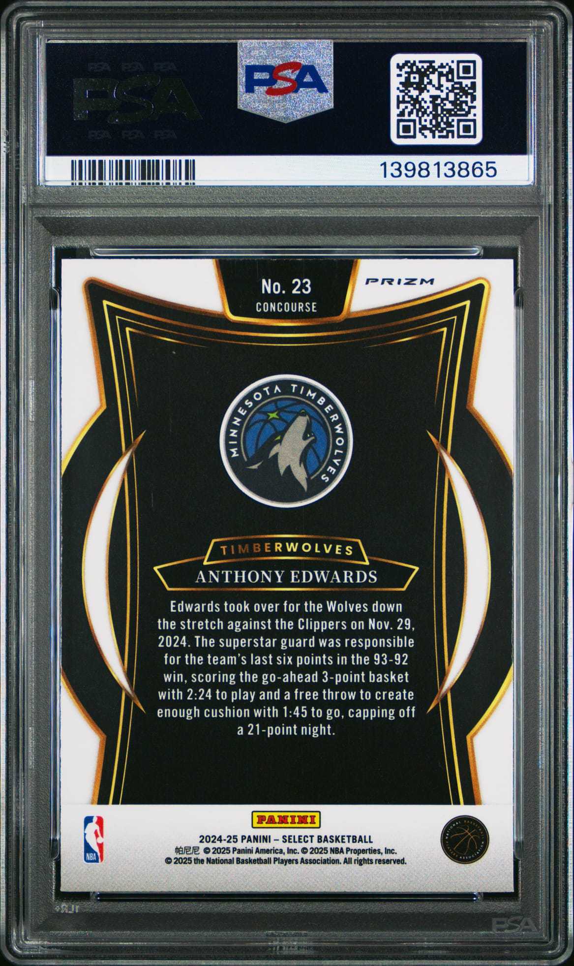 2024-25 Panini Select Zebra Prizm Anthony Edwards SSP PSA 10 Minnesota Timberwolves POP6