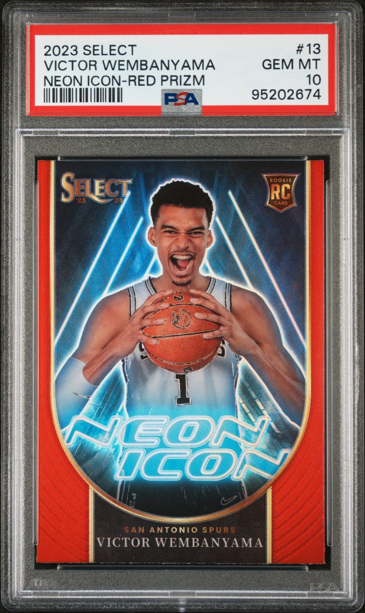 2023-24 Panini Select Neon Icon Red Prizm Victor Wembanyama SP RC Rookie Karte PSA 10 Gem Mint San Antonio Spurs.