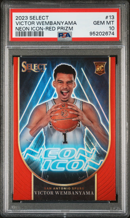2023-24 Panini Select Neon Icon Red Prizm Victor Wembanyama SP RC Rookie Karte PSA 10 Gem Mint San Antonio Spurs.