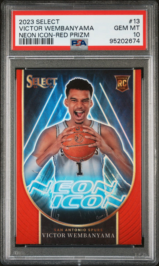 2023-24 Panini Select Neon Icon Red Prizm Victor Wembanyama SP RC Rookie Karte PSA 10 Gem Mint San Antonio Spurs.