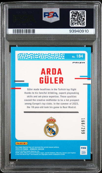 2023-24 Panini Donruss FIFA Rated Rookie Optic Red Arda Güler RC 166/299 PSA 10 GEM MINT Real Madrid
