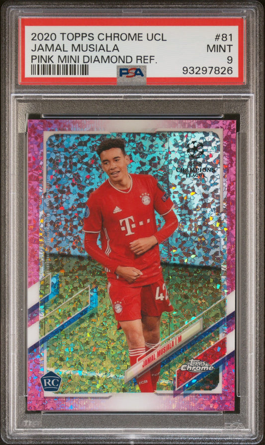 2020-21 Topps Chrome UCL Pink Mini-Diamond Refractor Jamal Musiala RC Rookie Karte 138/175 PSA 9 Mint FC Bayern München.