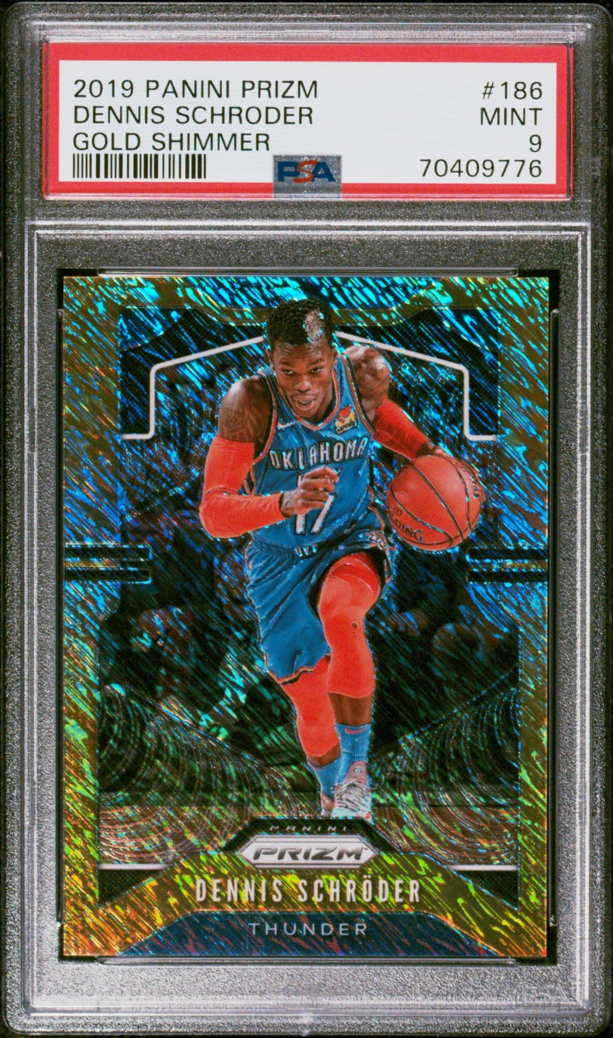 2019-20 Panini Prizm Gold Shimmer Dennis Schröder Karte 01/10 First Print PSA 9 Mint Oklahoma City Thunder.