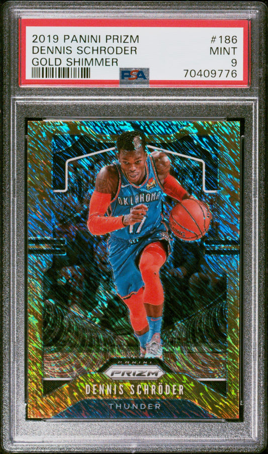 2019-20 Panini Prizm Gold Shimmer Dennis Schröder Karte 01/10 First Print PSA 9 Mint Oklahoma City Thunder.