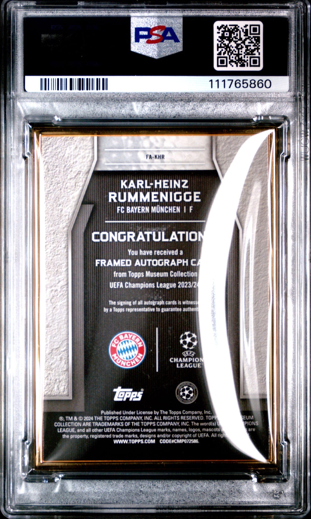 2023-24 Topps Museum UCL Framed Autograph Ruby Karl-Heinz Rummenige Auto 08/25 PSA 10 FC Bayern München POP2