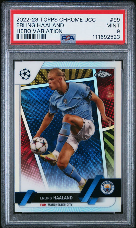 2022-23 Topps Chrome UCC Hero Variation Erling Haaland PSA 9 Mint Manchester City.