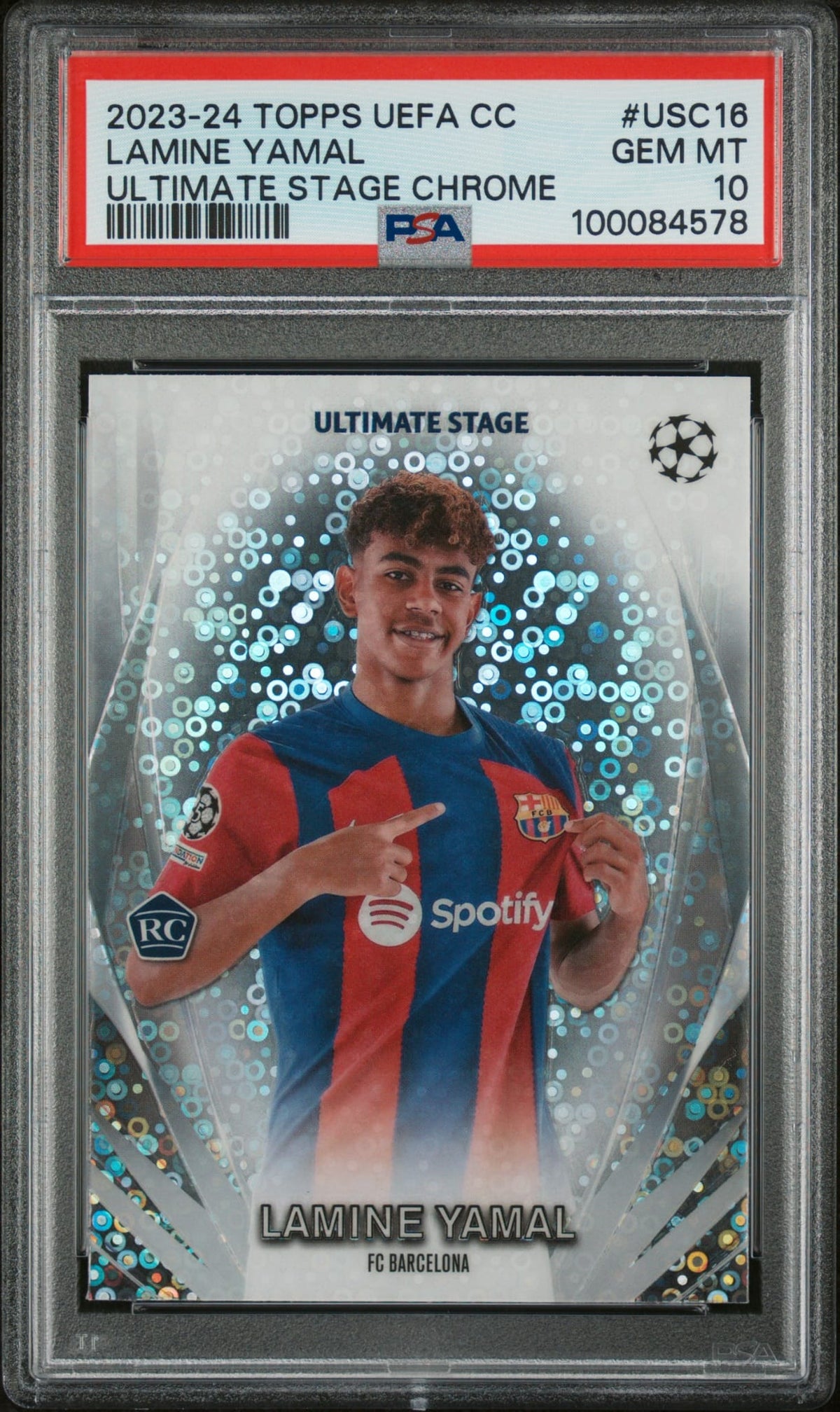 2023-24 Topps UCC Ultimate Stage Chrome Lamine Yamal RC Rookie PSA 10 Gem Mint FC Barcelona POP 10.