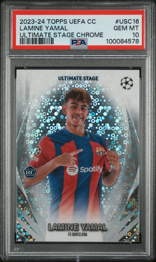 2023-24 Topps UCC Ultimate Stage Chrome Lamine Yamal RC Rookie PSA 10 Gem Mint FC Barcelona POP 10.