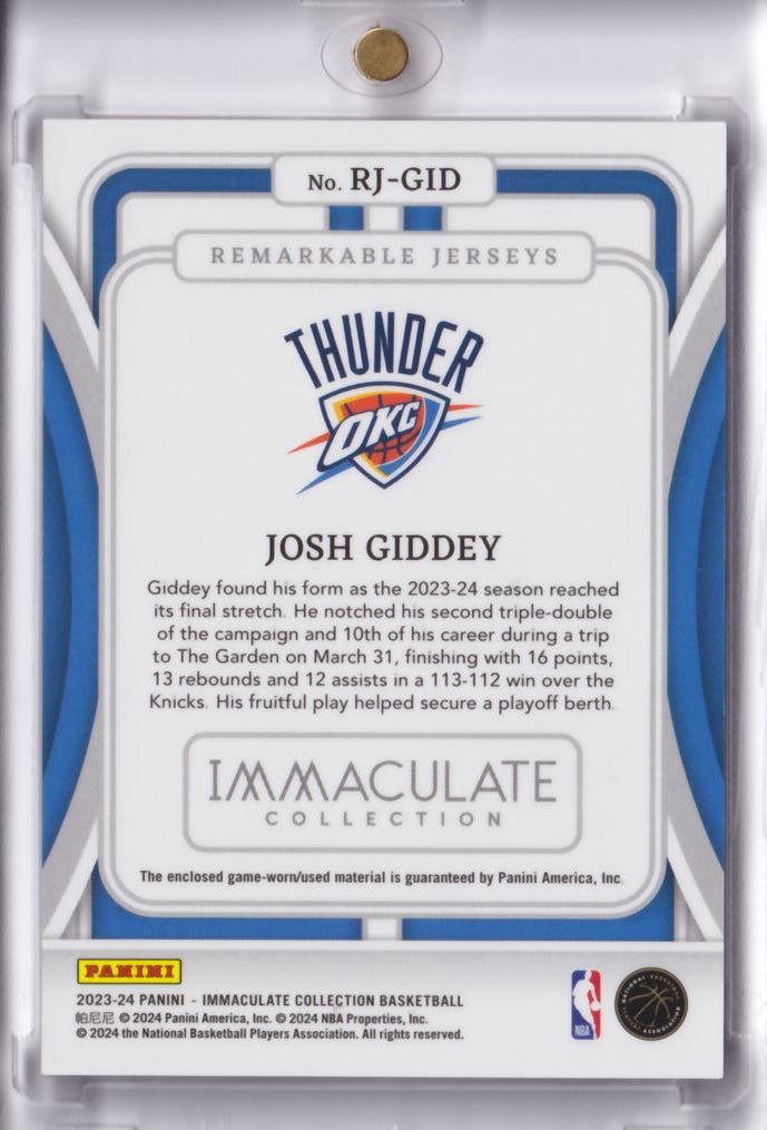 2023-24 Panini Immaculate Remarkable Jersey's Game-Worn Josh Giddey /99