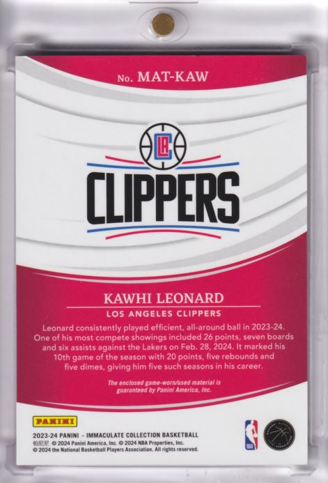 2023-24 Panini Immaculate Material Jersey Game Worn Kawhi Leonard /99