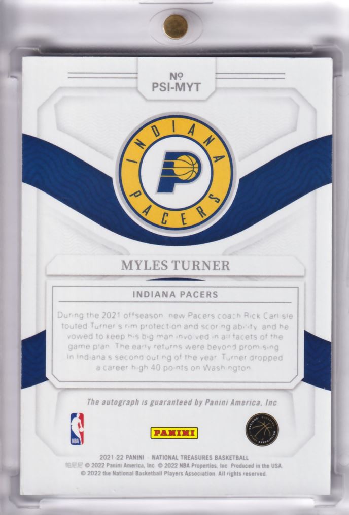 2021-22 NBA Panini National Treasures Peerless On-Card Auto Myles Turner /25