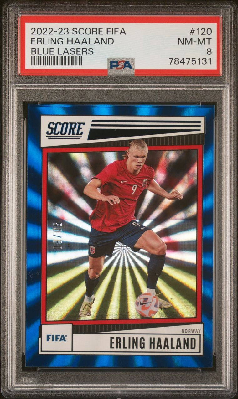 2022-23 Panini Score Fifa Blue Lasers Erling Haaland 50/60 PSA 8 Norwegen