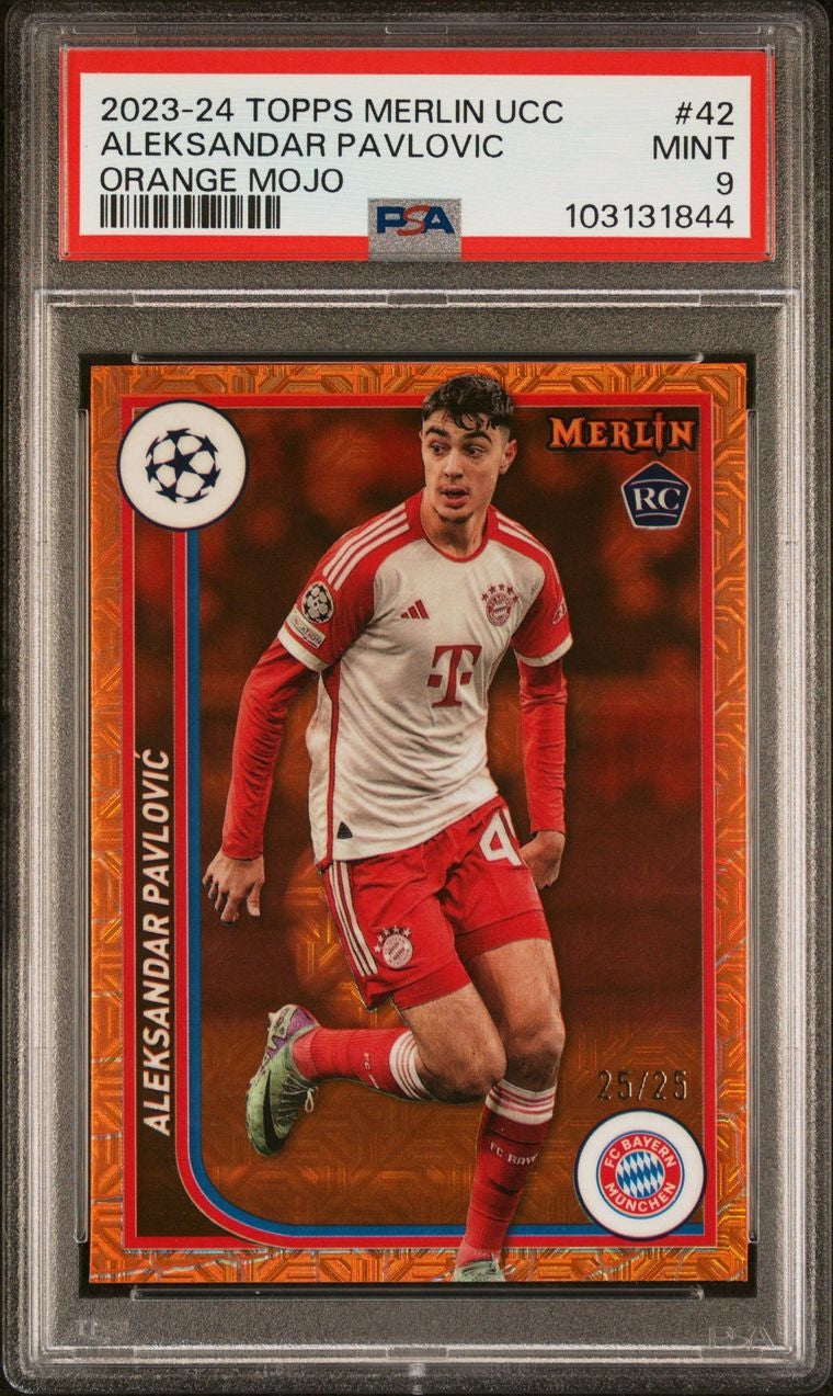 2023-24 Panini Topps Merlin UCC Orange Mojo Alexandar Pavlovic RC Rookie 25/25 PSA 9 FC Bayern München