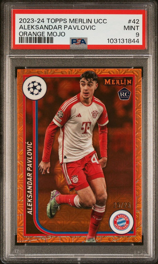 2023-24 Panini Topps Merlin UCC Orange Mojo Alexandar Pavlovic RC Rookie 25/25 PSA 9 FC Bayern München