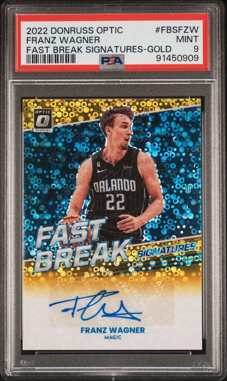 2022-23 Panini Donruss Optic Fast Break Signatures Gold Franz Wagner Auto 10/10 PSA 9 Orlando Magic
