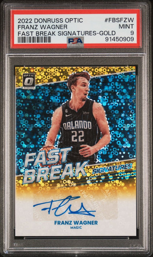 2022-23 Panini Donruss Optic Fast Break Signatures Gold Franz Wagner Auto 10/10 PSA 9 Orlando Magic