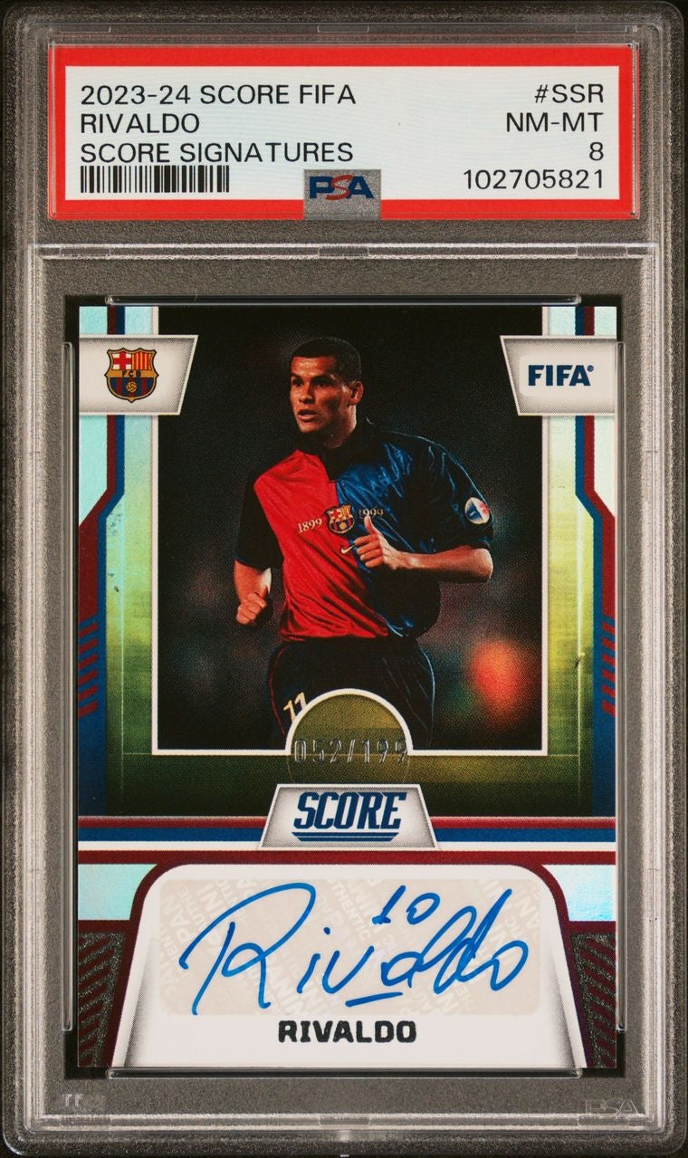 2023-24 Panini Score Fifa Signatures Rivaldo Auto 052/199 PSA 8 FC Barcelona