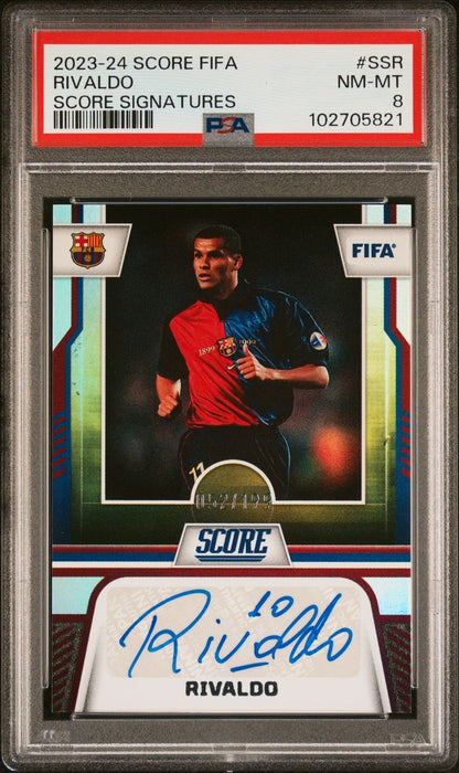 2023-24 Panini Score Fifa Signatures Rivaldo Auto 052/199 PSA 8 FC Barcelona