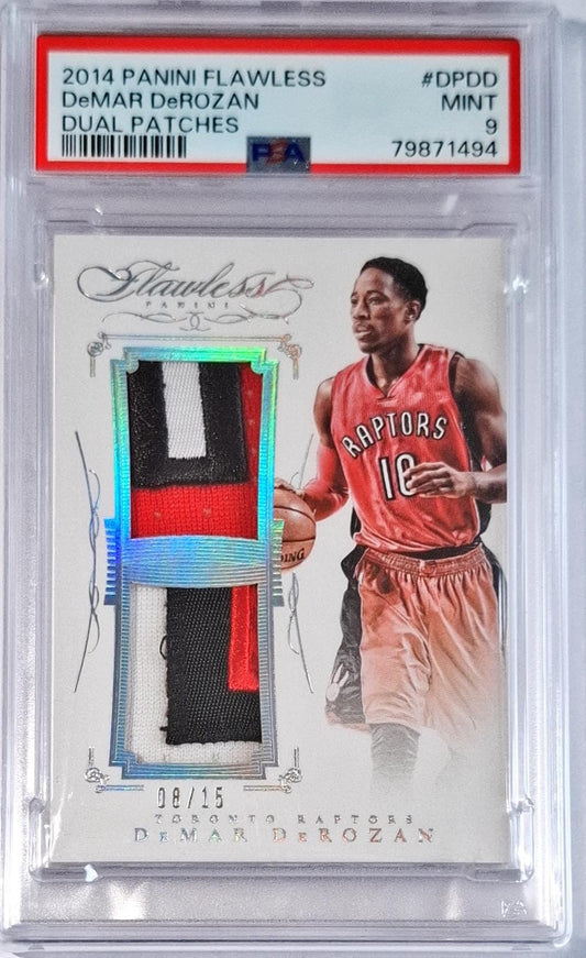 2014-15 Panini Flawless Dual Patch DeMar DeRozan Karte /15 PSA 9 Game Worn Toronto Raptors POP 1.