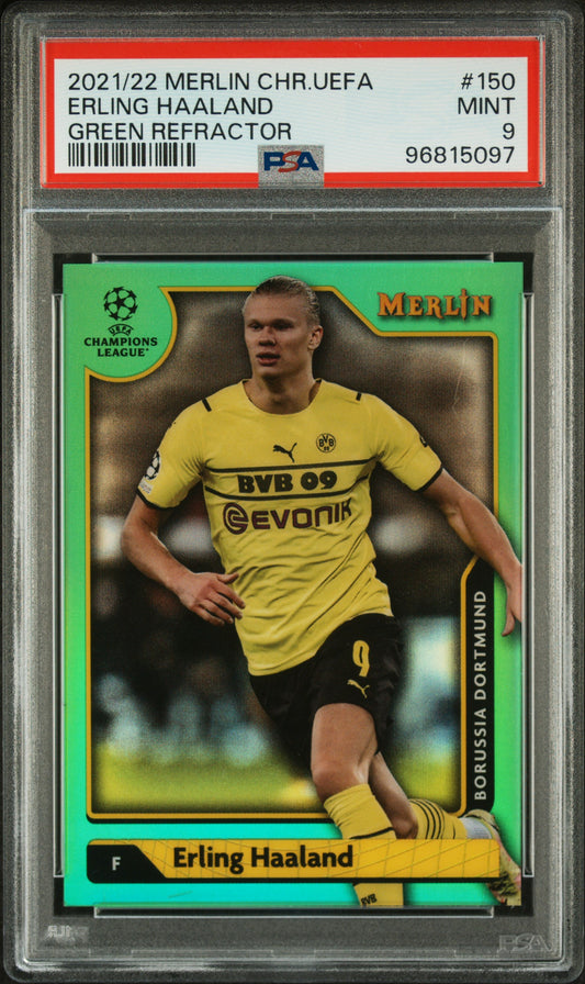 2021-22 Topps Merlin Chrome UEFA Green Refractor Erling Haaland Karte 98/99 PSA 9 BVB.