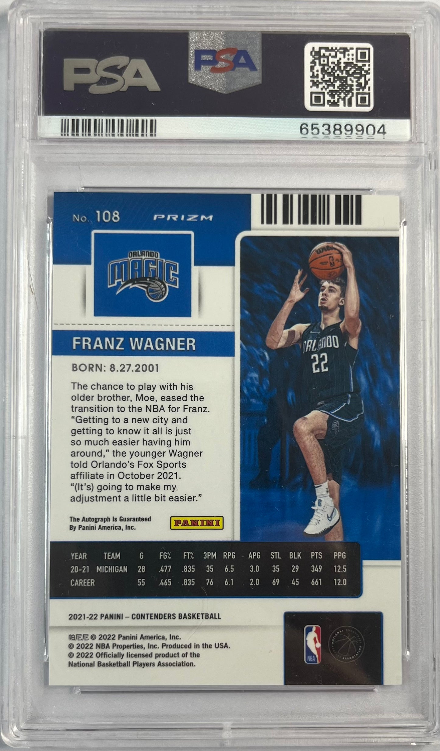 2021-22 Panini Contenders Rookie Auto Premium Edition Franz Wagner PSA 9 Orlando Magic