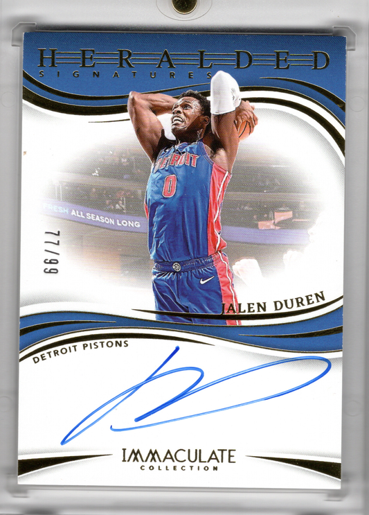 2023-24 NBA Panini Immaculate Heralded Signatures On Card Auto Jalen Duren /99 Detroit Pistons