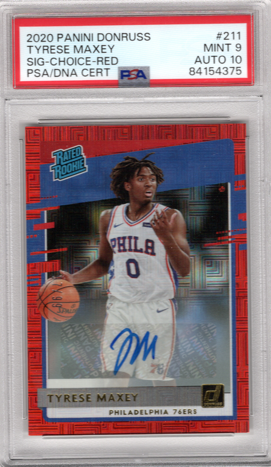 2020-21 NBA Panini Donruss Rated Rookie Auto Red Choice Tyrese Maxey /99 PSA9 Auto 10 76ers