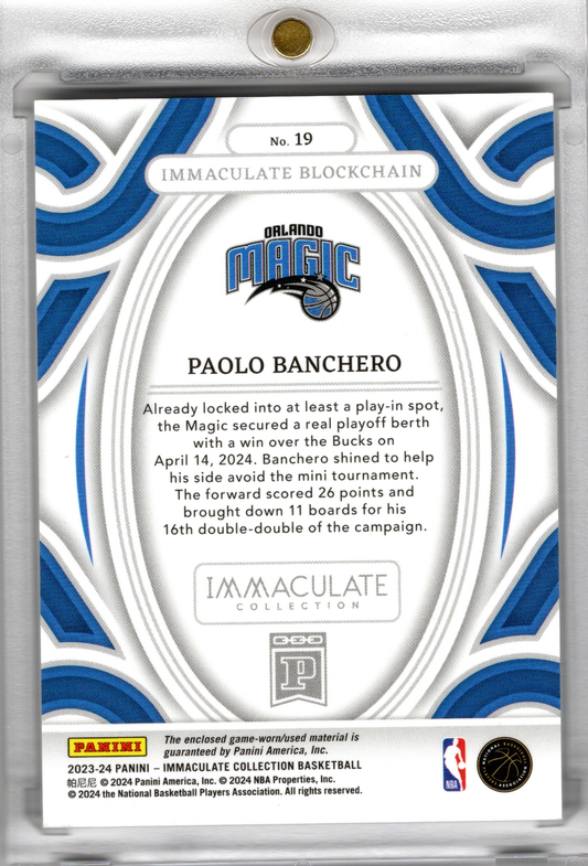 2023-24 NBA Panini Immaculate Blockchain Patch Game Worn Paolo Banchero /25 Orlando Magic