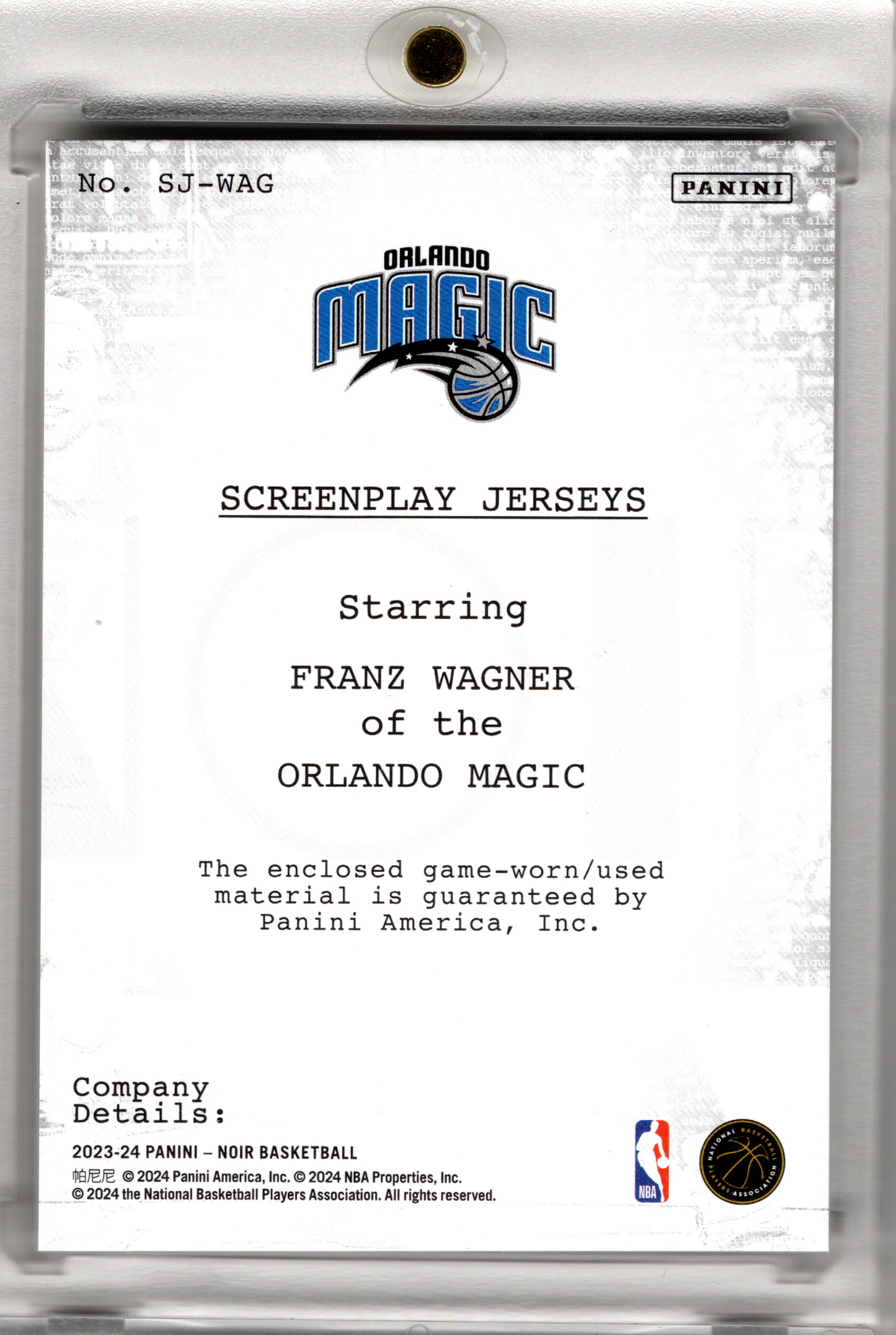 2023-24 NBA Panini Noir Patch Prime Franz Wagner /25 Game Worn Orlando Magic