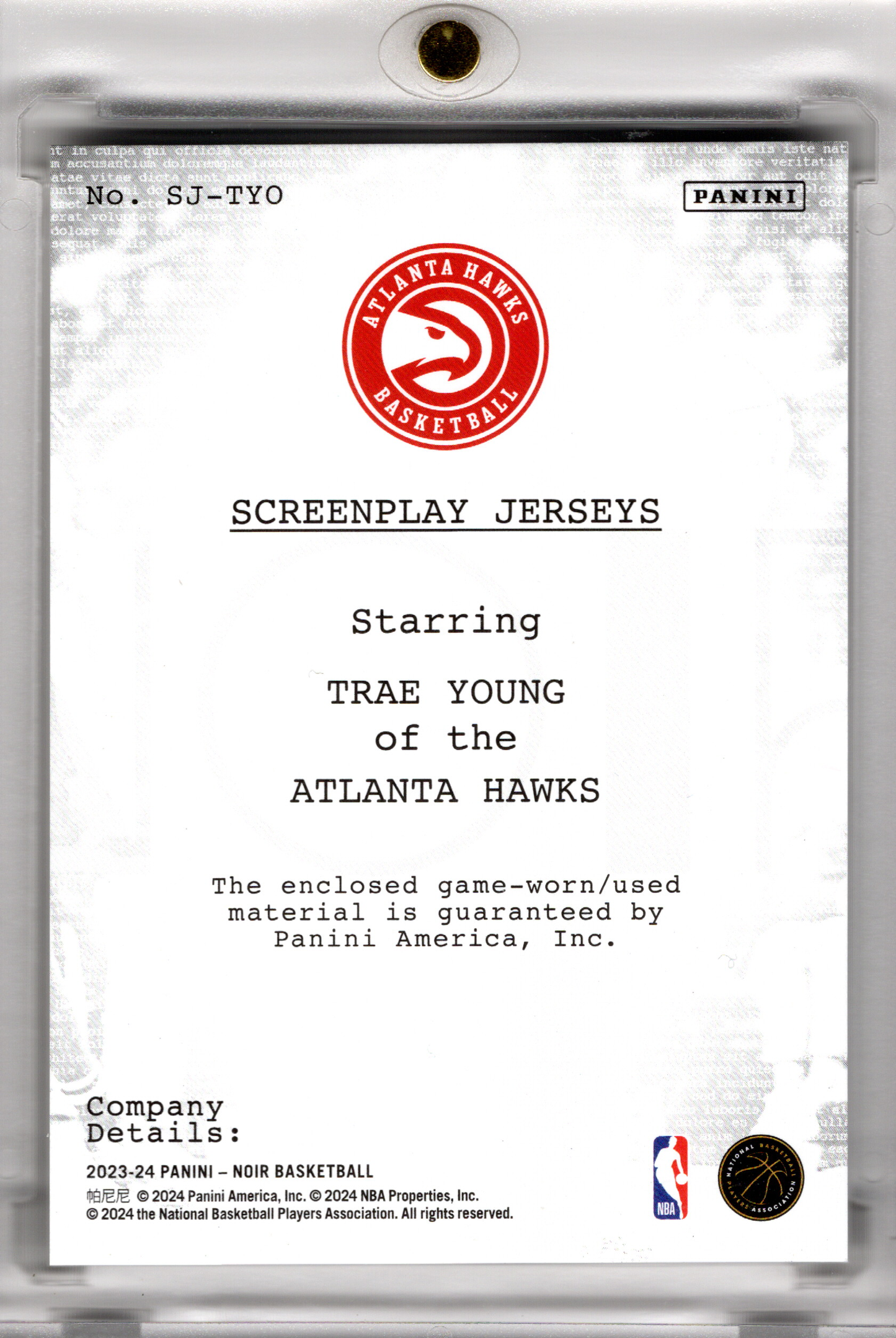 2023-24 Panini Noir Screenplay Patch Gold Trae Young /10 Atlanta Hawks