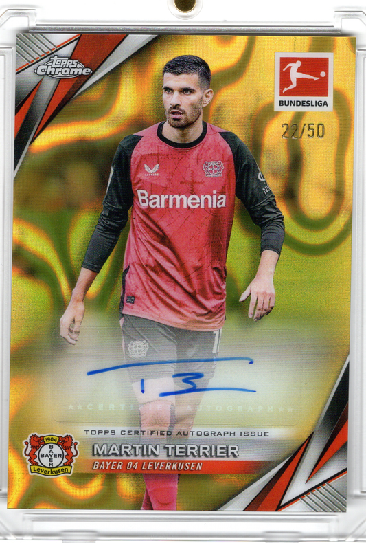 2024-25 Topps Chrome Bundesliga Gold Wave Auto Martin Terrier /50 Bayer 04