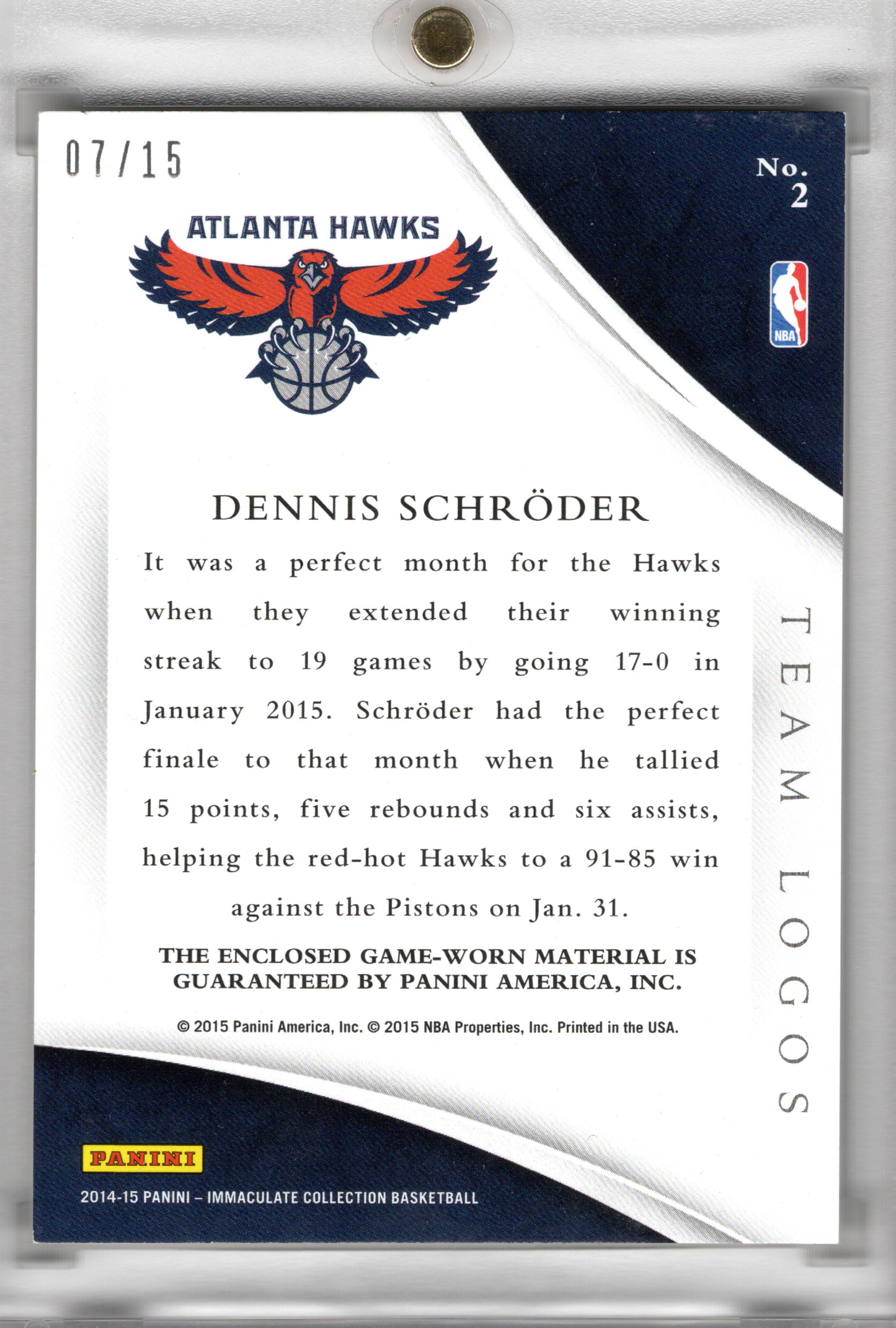 2014-15 Panini Immaculate Team Logo Patch Dennis Schröder /15 Hawks