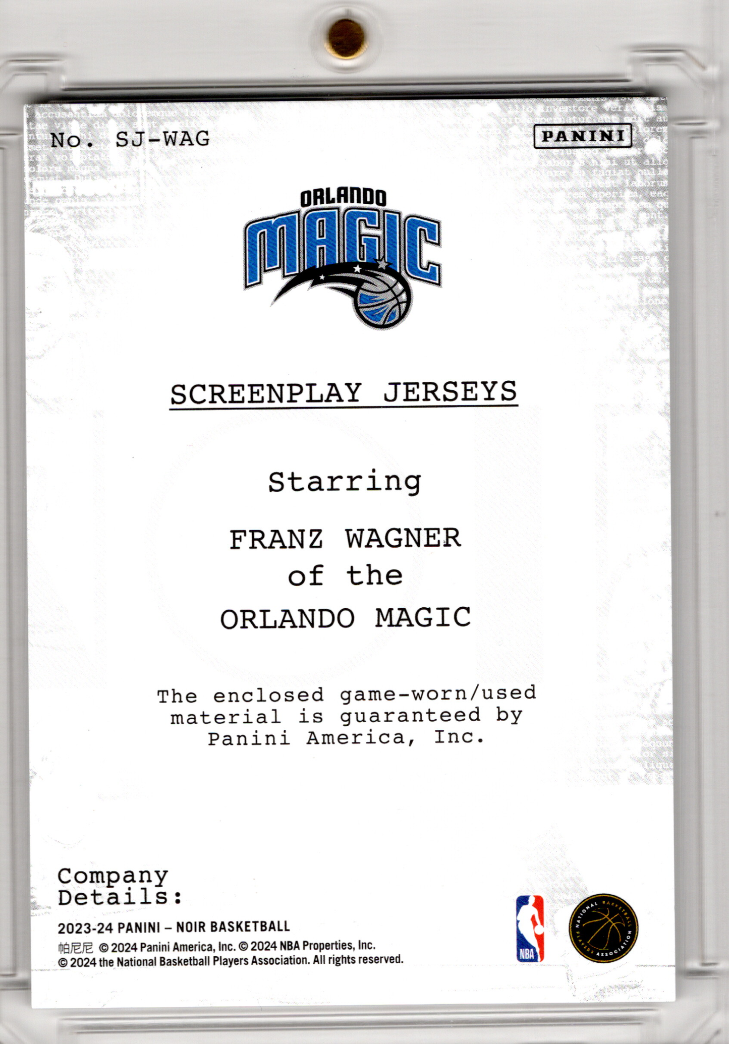2023-24 NBA Panini Noir Screenplay Jersey Franz Wagner /99 Game Worn Orlando Magic