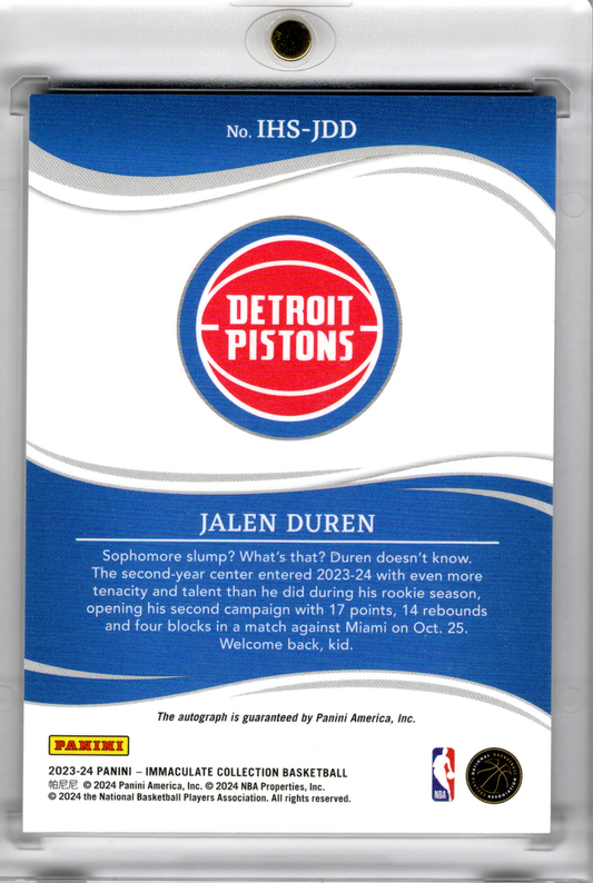 2023-24 NBA Panini Immaculate Heralded Signatures On Card Auto Jalen Duren /99 Detroit Pistons
