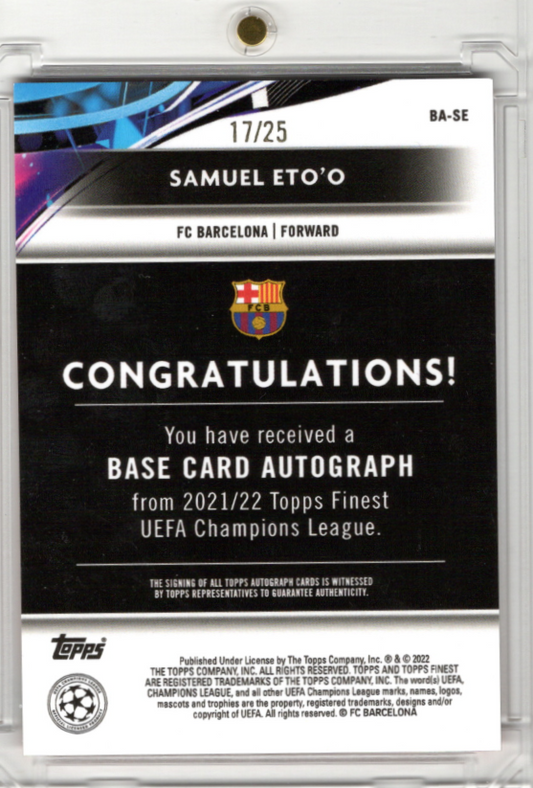 2021-22 Topps Finest Champions League Orange Refractor Auto Samuel Etoo 17/25 FC Barcelona