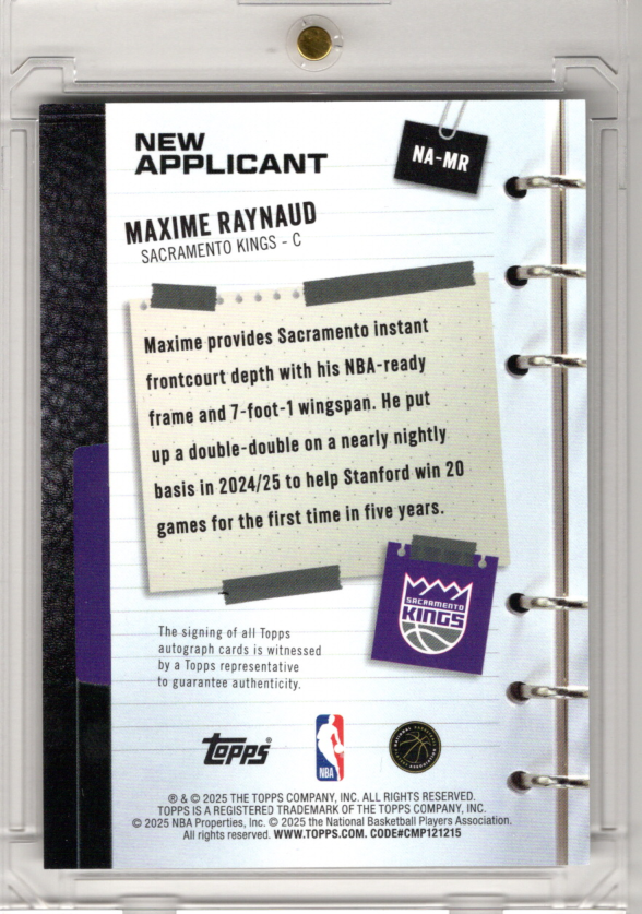 2025 Topps New Applicant Rookie Auto Maxime Raynaud Sacramento Kings