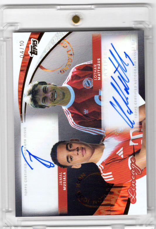2025-26 Topps Lineage FC Bayern Dual Auto Jamal Musiala Lothar Matthäus Karte 04/10.
