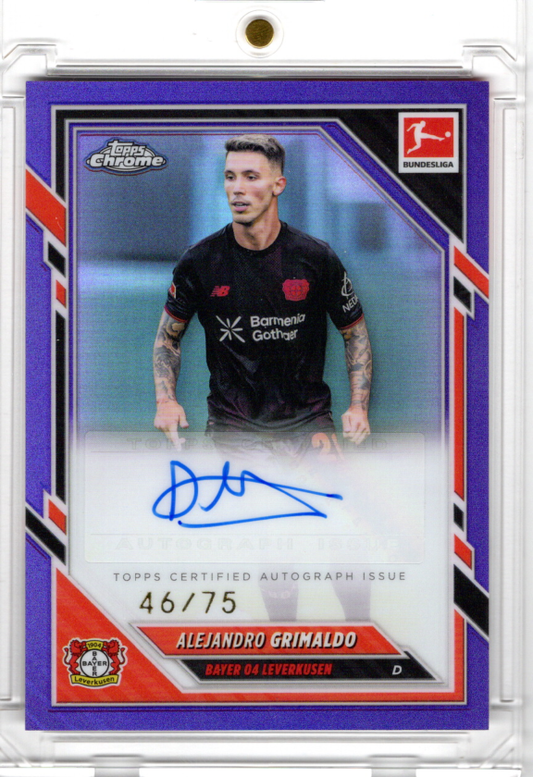 2025-26 Topps Chrome Bundesliga Purple Refractor Auto Alejandro Grimaldo Karte 46/75 Bayer 04.