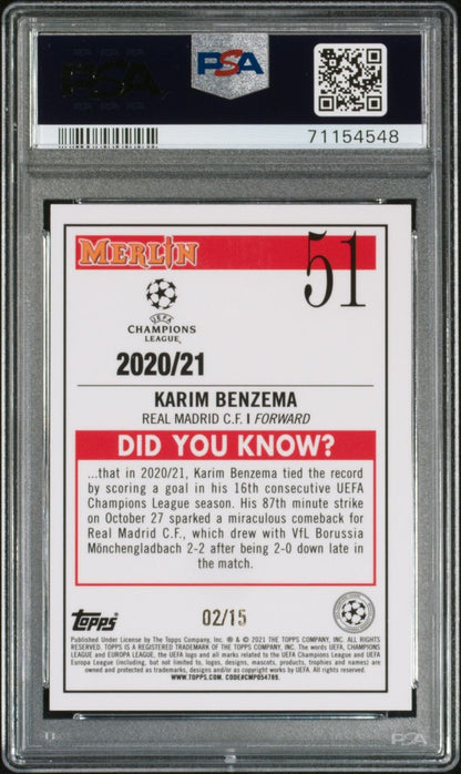 2020-21 Topps Merlin Chrome UCL Black Refractor Karim Benzema 02/15 PSA 9 Real Madrid