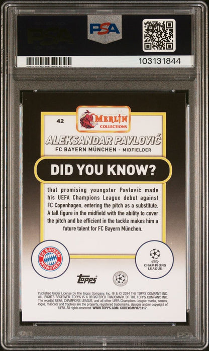 2023-24 Panini Topps Merlin UCC Orange Mojo Alexandar Pavlovic RC Rookie 25/25 PSA 9 FC Bayern München