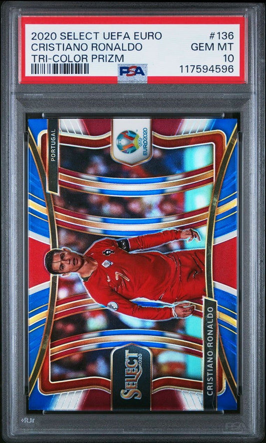2020 Panini Select UEFA Euro Tri-Color Prizm Cristiano Ronaldo PSA 10 Karte Portugal.