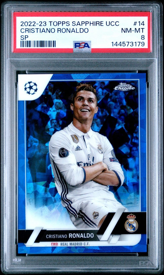 2022-23 Topps Chrome Sapphire UCC Cristiano Ronaldo SP PSA 8 Karte Real Madrid.