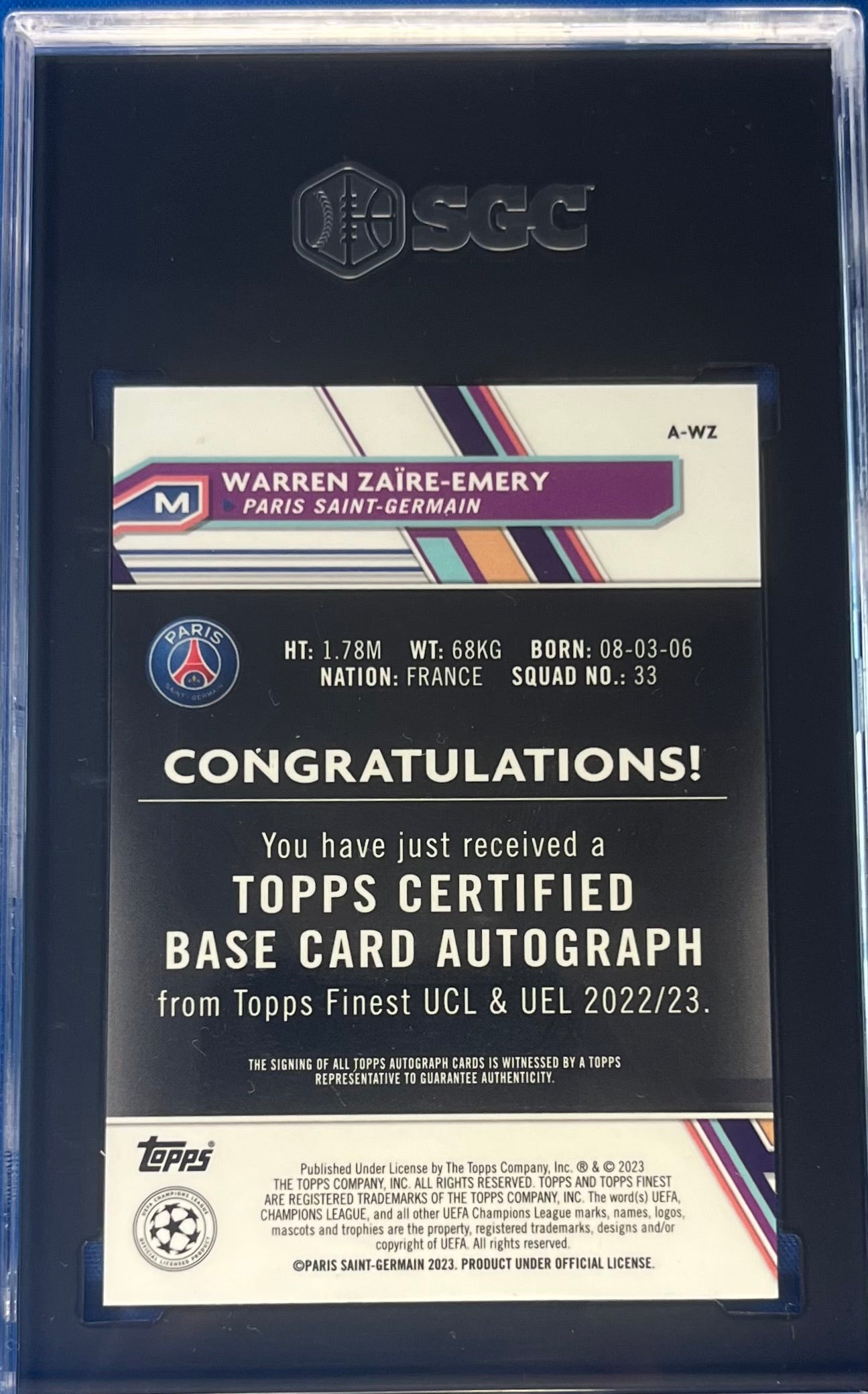 2022-23 Topps Finest UCC Neon Green Refractor Warren Zaire-Emery Auto RC Rookie 32/99 SGC 10 Auto 10 PSG Paris Saint-Germain
