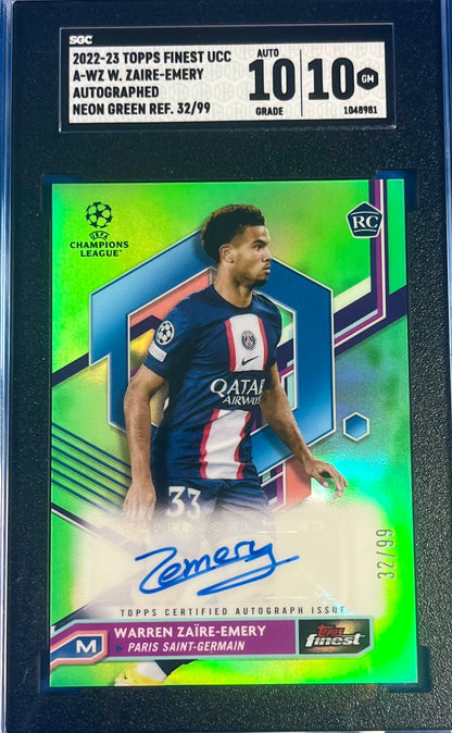 2022-23 Topps Finest UCC Neon Green Refractor Warren Zaire-Emery Auto RC Rookie 32/99 SGC 10 Auto 10 PSG Paris Saint-Germain